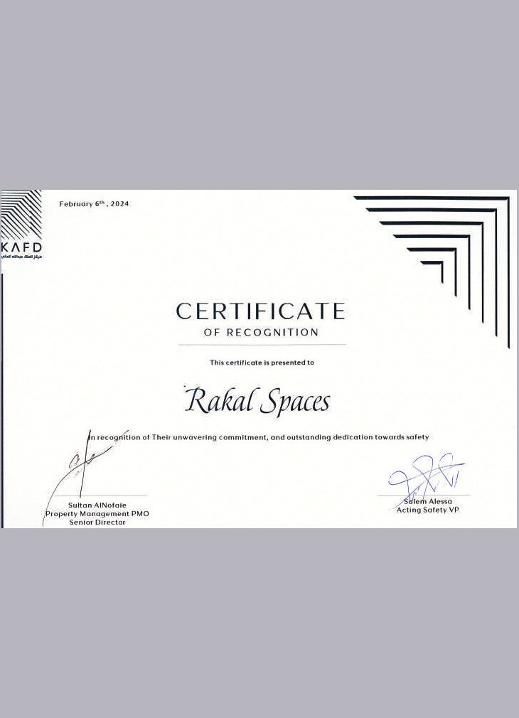 recognition certificate awarded to Rakal Spaces for excellence in workspace design and project delivery